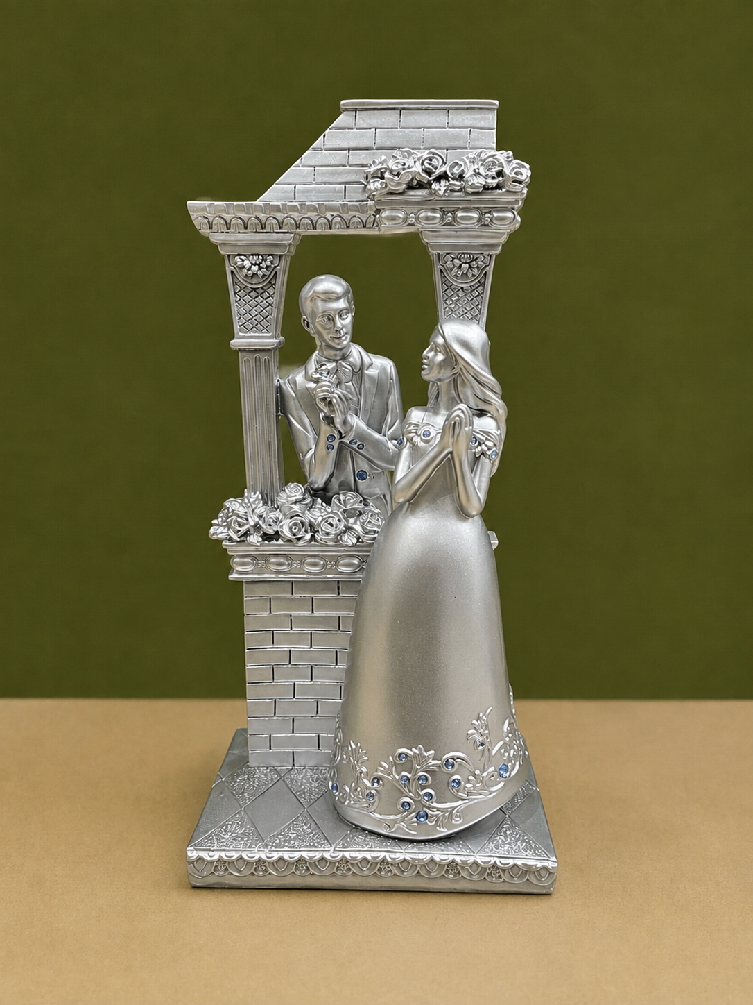 Silver Balcony Romance Couple Statue with Blue Crystal Accents 6 Inch Resin Decor for Gifting