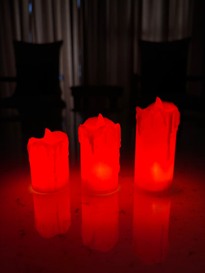 Vibrant Red LED Flameless Pillar Candles – Set of 3 Tiered Realistic Glow Candles with Melted Edge Design
