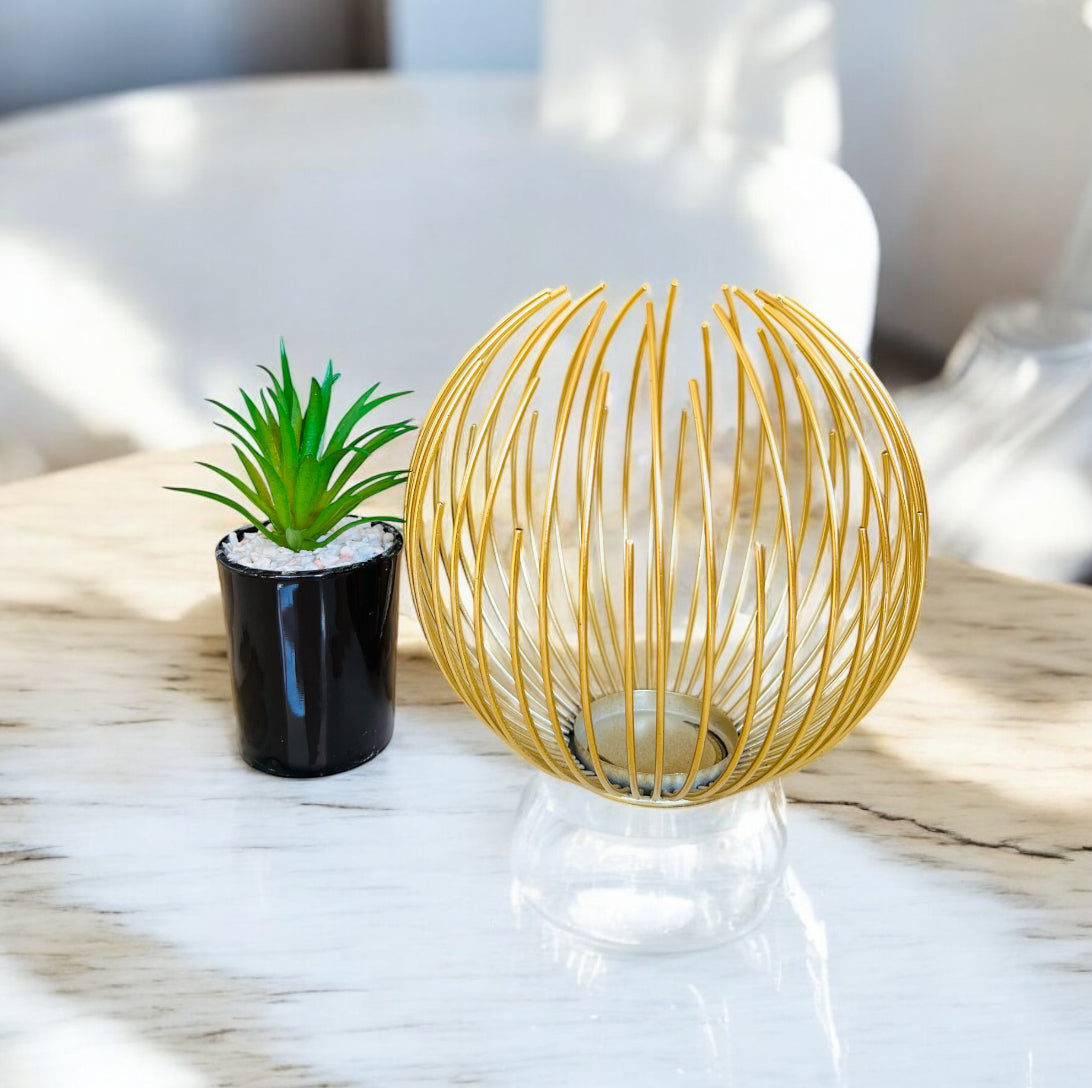Artificial Succulent Plant in Metal Golden Globe Showpiece with Pebbles for Home and Office Decor