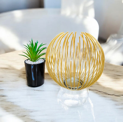 Artificial Succulent Plant in Metal Golden Globe Showpiece with Pebbles for Home and Office Decor