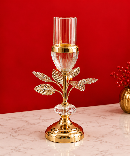 13-Inch Elegant Silver Metal & Glass Floral Candle Stand with Crystal Accent | Decorative Table Centerpiece