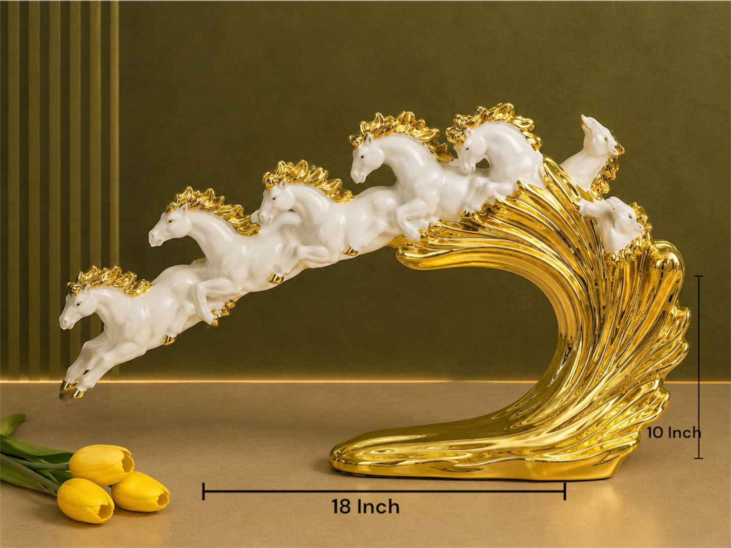 Seven Running Horses White and Gold Resin Statue 18 Inch Tabletop Decor for Home and Office