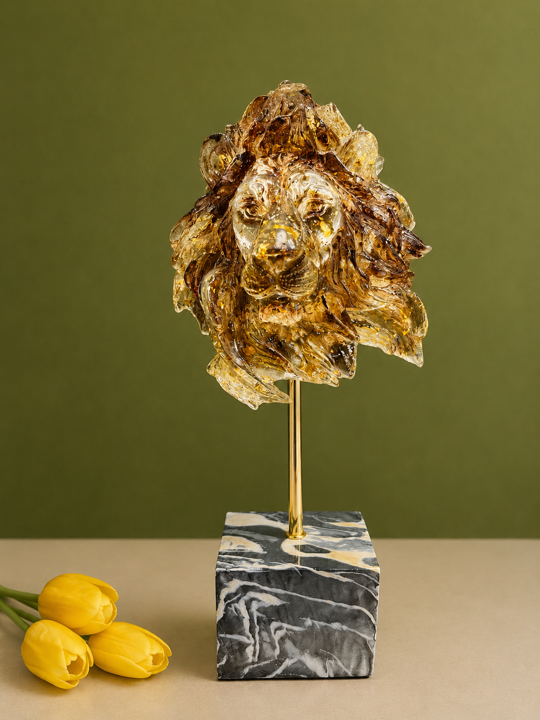 Majestic Amber Lion Head Resin Sculptural Bust with Marble Style Base (15-Inch)