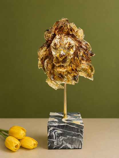 Majestic Amber Lion Head Resin Sculptural Bust with Marble Style Base (15-Inch)