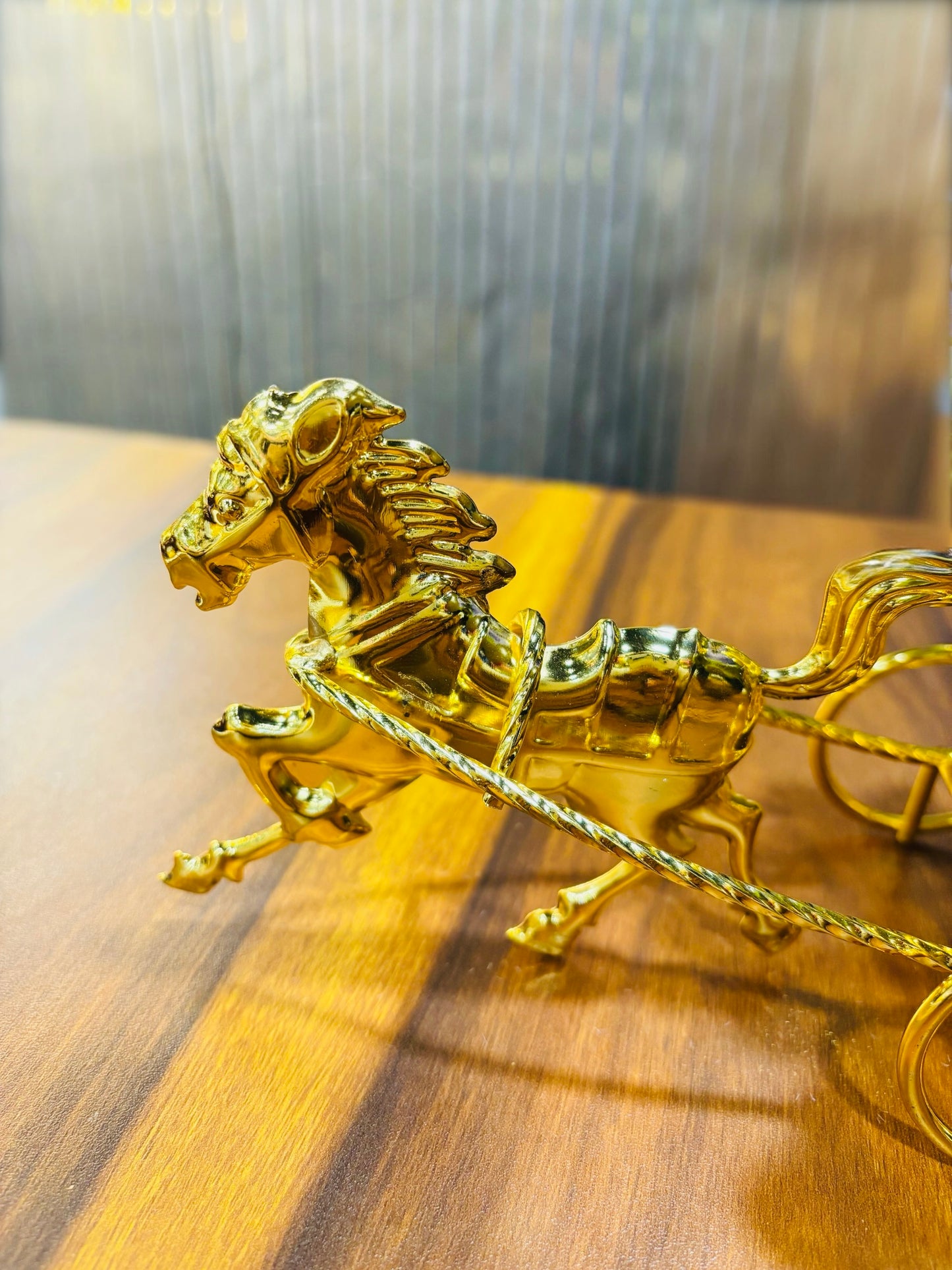 Golden Horse Metal Flower Cart with Artificial Blue Flowers – Luxury Tabletop Decor
