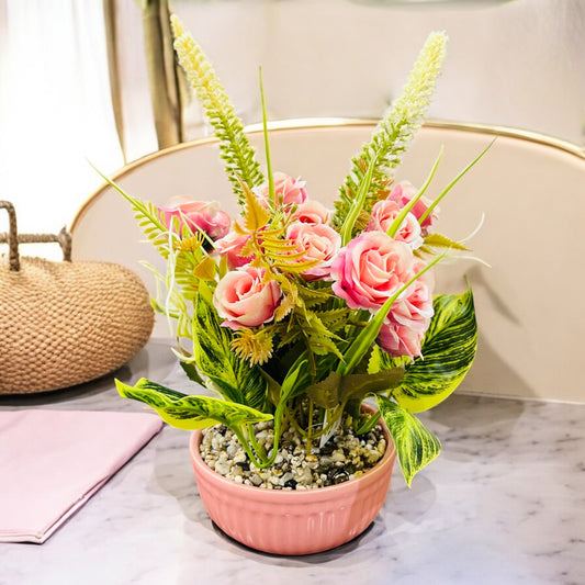 Artificial Rose Flower Plant with Ferns in Ceramic Pot with Pebbles
