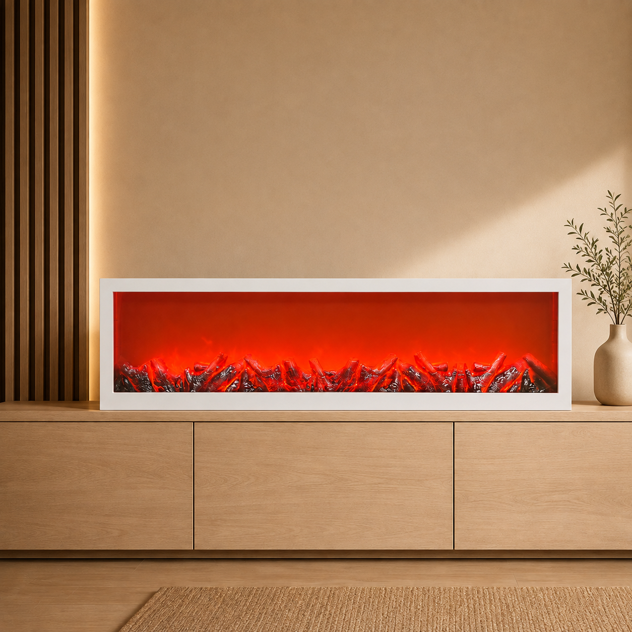 48-Inch Modern Artificial LED Firelamp with Realistic Flame Effect | White Decorative Fireplace