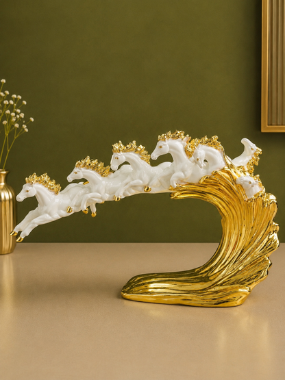 Seven Running Horses White and Gold Resin Statue 18 Inch Tabletop Decor for Home and Office