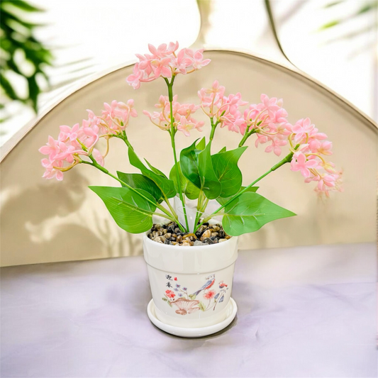Artificial Pink Butterfly Orchid Flower Plant in Ceramic pot with Pebbles