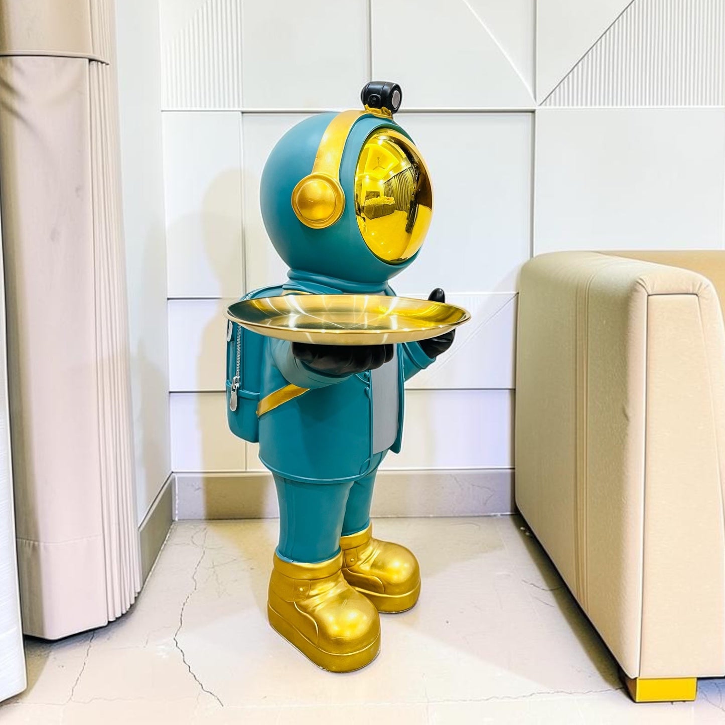 Modern Teal & Gold Astronaut Resin Statue with Serving Tray– Decorative Accent Side Table Figurine for Living Room & Home Decor