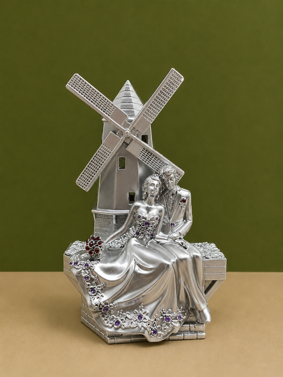 Romantic Silver Windmill Couple Statue with Crystal Accents 6 Inch Resin Decor for Home and Gifting