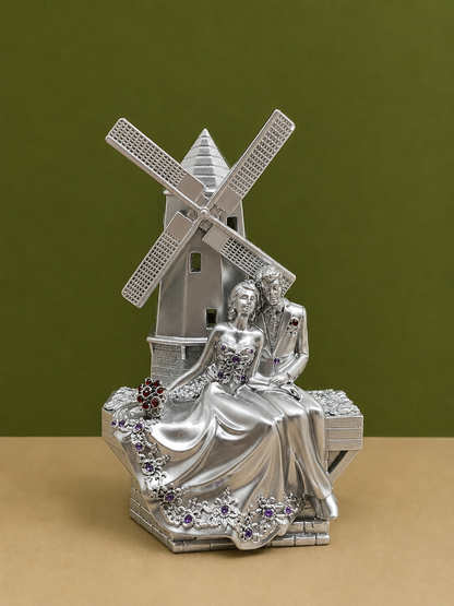 Romantic Silver Windmill Couple Statue with Crystal Accents 6 Inch Resin Decor for Home and Gifting