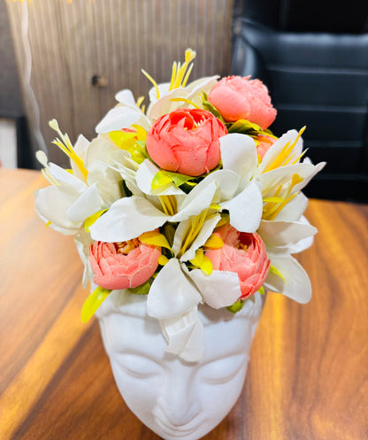 Artificial Flower Arrangement with Buddha Head Vase – White Lily & Pink Peony Decor
