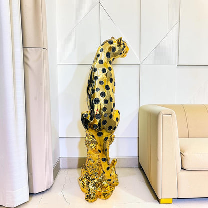 Gold Resin Leopard Floor Statue on a Tree – Luxury Cheetah Sculpture for Living Room & Home Decor