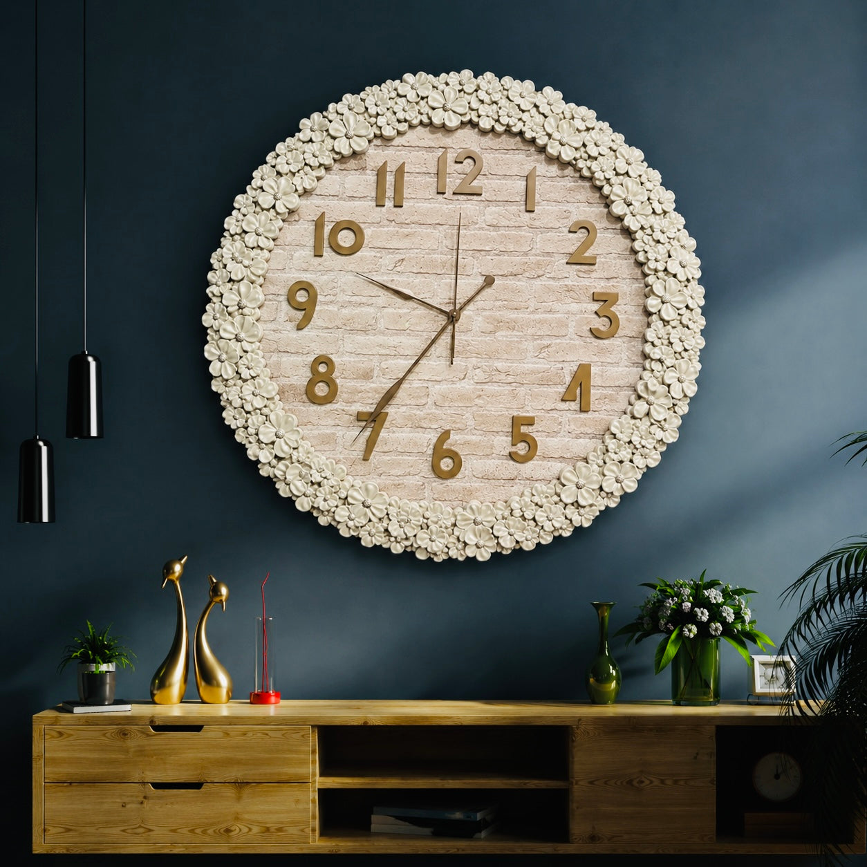 Luxury Beige Floral Wall Clock with Golden Numbers – Elegant Decorative Clock
