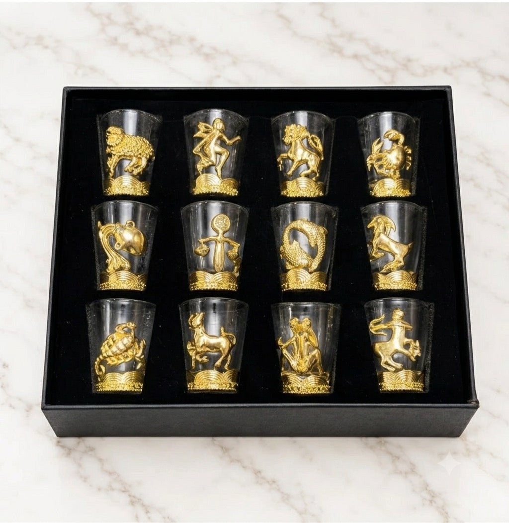 Zodiac Sign Shot Glass Set – 45ml Gold-Plated Astrology Barware Glasses with Gift Box (Set of 12)
