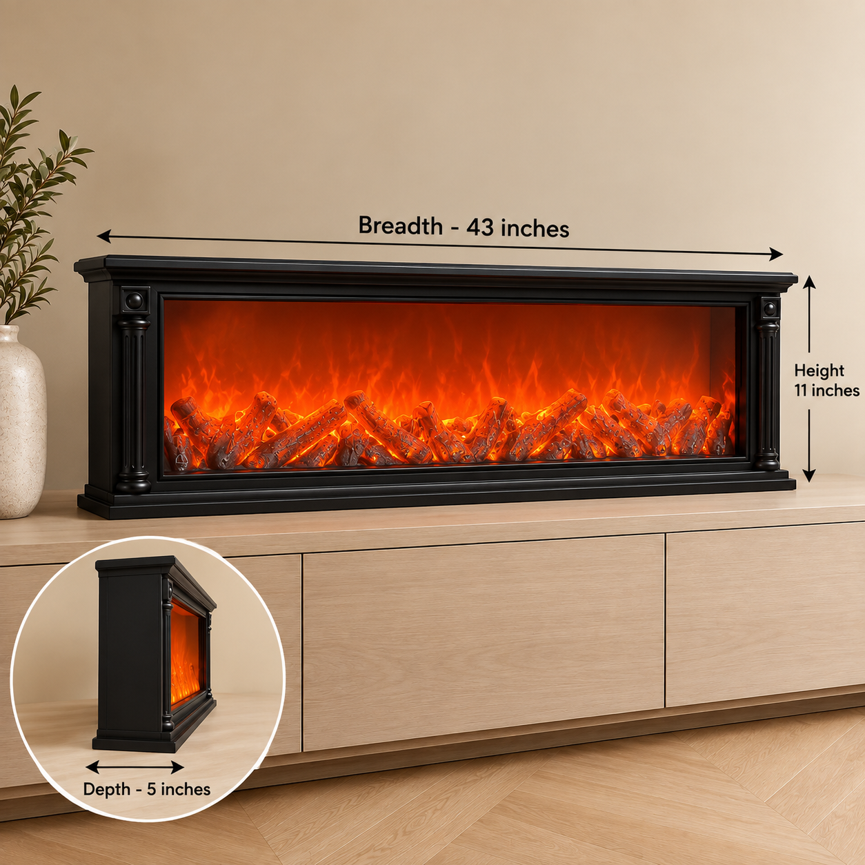 43 inches Premium Decorative LED Fireplace with Remote Control & USB Power