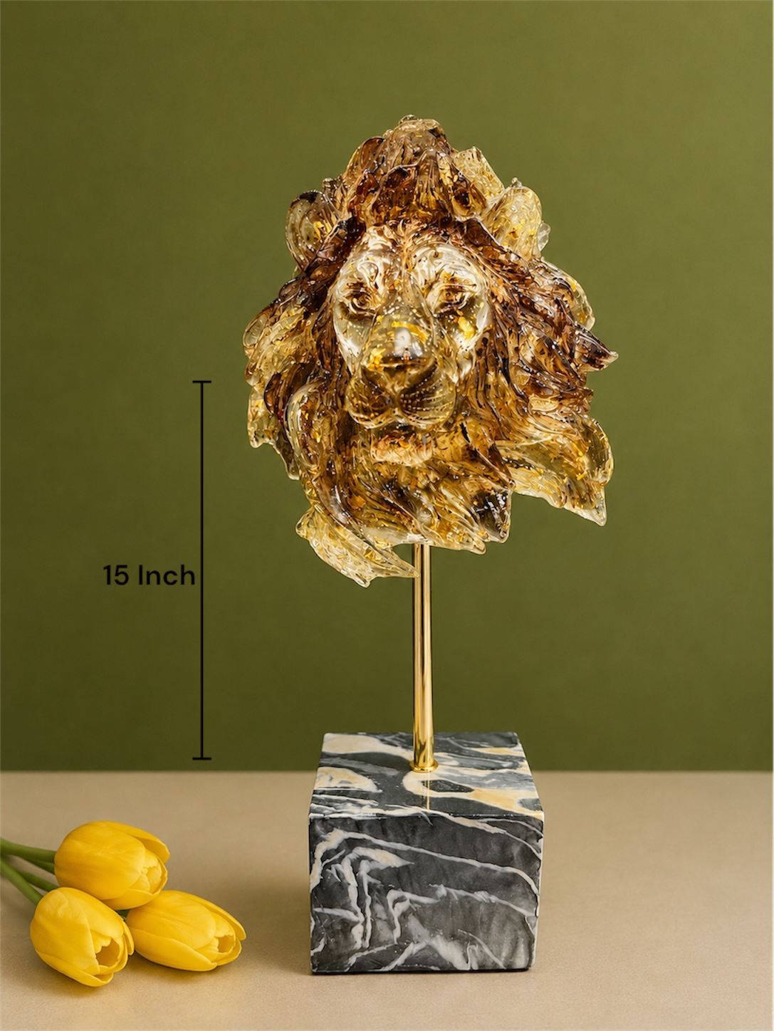 Majestic Amber Lion Head Resin Sculptural Bust with Marble Style Base (15-Inch)