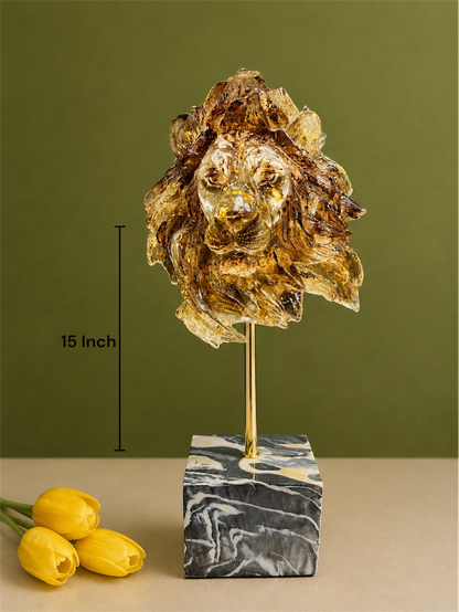 Majestic Amber Lion Head Resin Sculptural Bust with Marble Style Base (15-Inch)