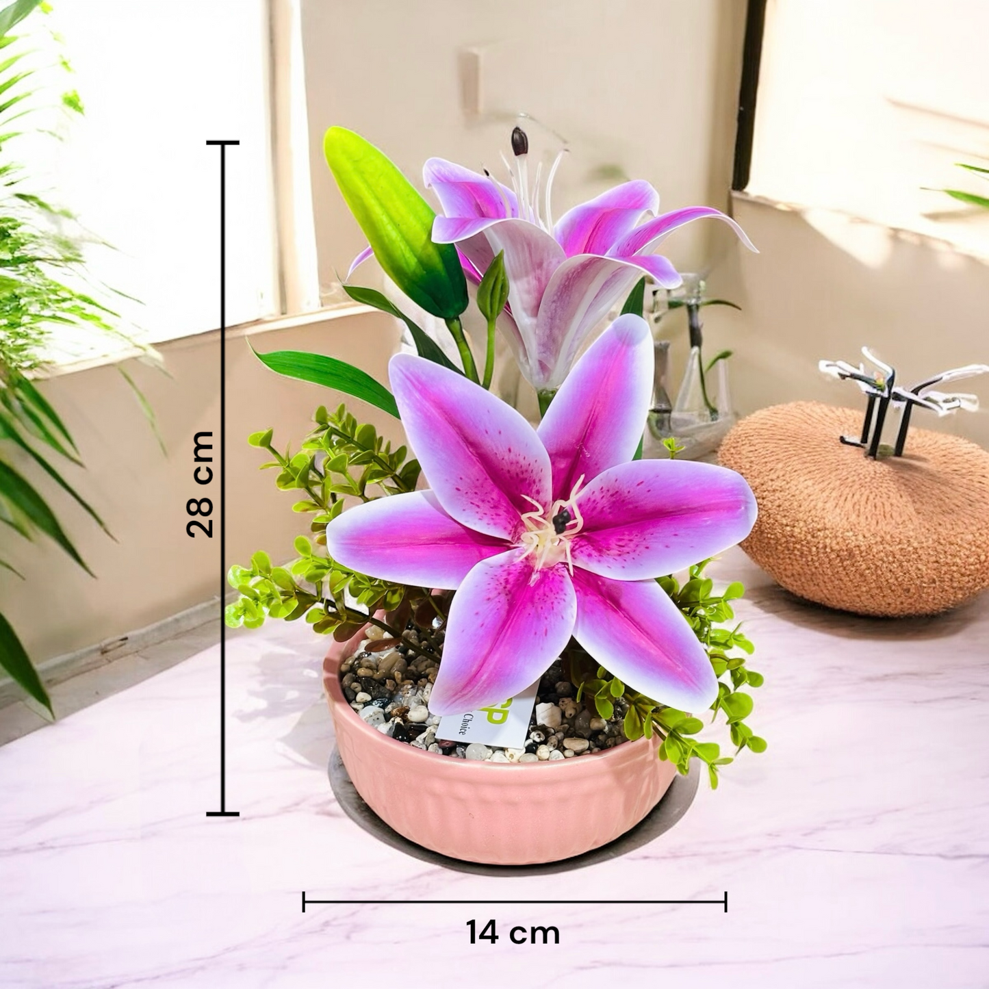 Artificial Purple Lily Plant in Ceramic Pot with Authentic Pebbles - Stylish Bathroom and Home Decor