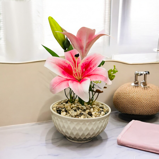 Artificial Pink Lily Plant in Ceramic Pot with Authentic Pebbles for bathroom and Home Decor