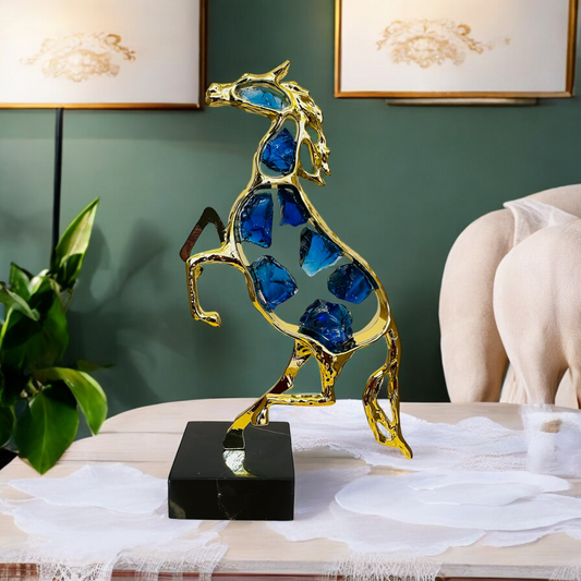 Golden Metal Horse Showpiece with Blue Crystal Accents on Marble Base