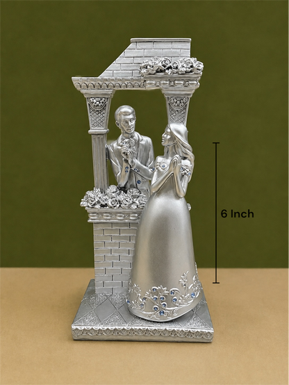Silver Balcony Romance Couple Statue with Blue Crystal Accents 6 Inch Resin Decor for Gifting