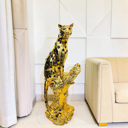 Gold Resin Leopard Floor Statue on a Tree – Luxury Cheetah Sculpture for Living Room & Home Decor