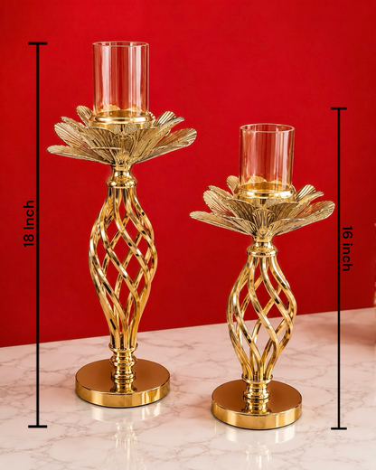 Luxury Gold Metal Candle Stand Set of 2 with Glass Holders | Decorative Flower Design | Modern Table & Home Décor (40 cm & 46 cm)