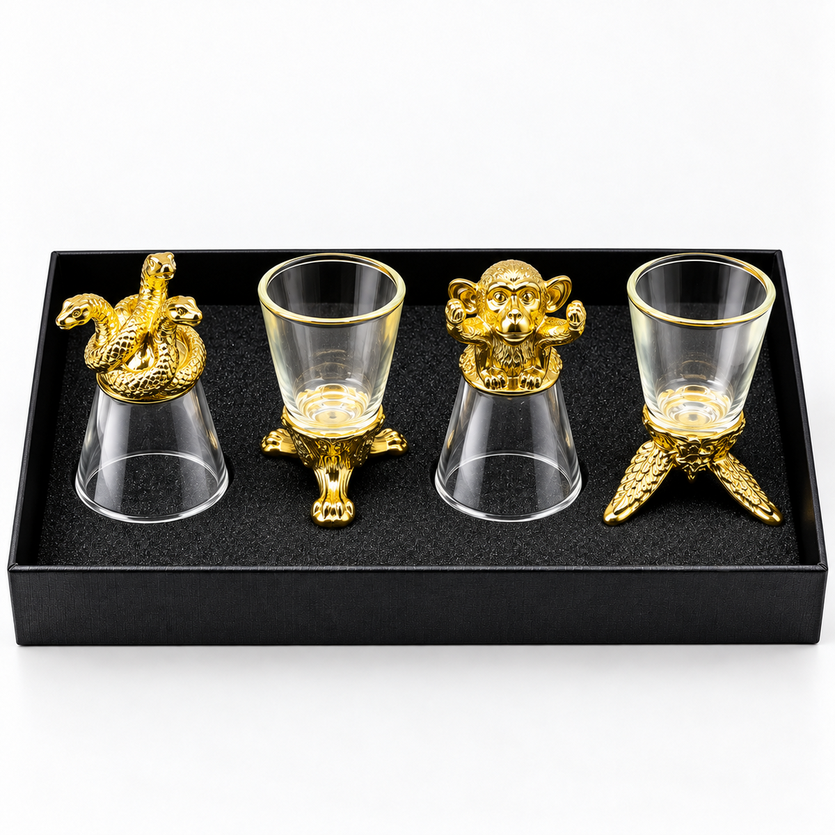 Premium Animal Head Shot Glasses Set with Decorative Metal Bases – Luxury Barware Gift Set (Gold)