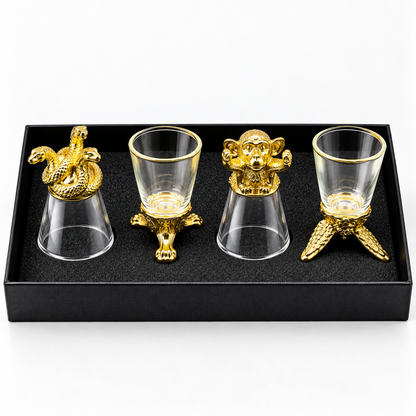 Premium Animal Head Shot Glasses Set with Decorative Metal Bases – Luxury Barware Gift Set (Gold)