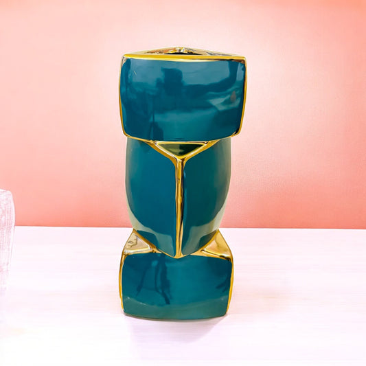 Modern Geometric Metal Vase with Glossy Teal and Gold Finish