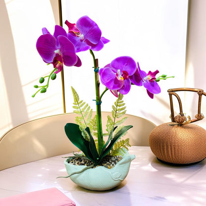 Premium Artificial Purple Orchid Plant with Ceramic Pot | Realistic Faux Orchid Flower Arrangement for Home, Office, Living Room & Table Decor