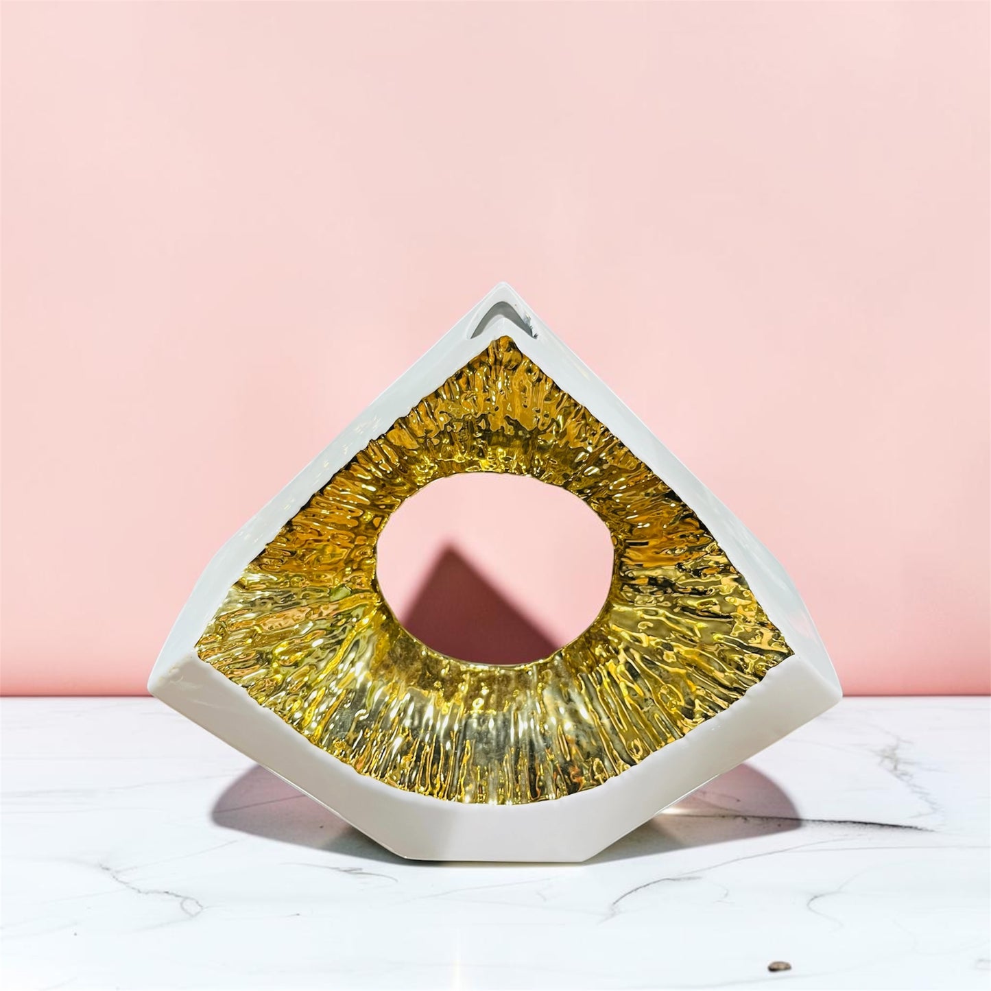 Modern Geometric Ceramic Vase with Textured Gold Accent 9.5 Inch
