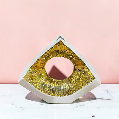 Modern Geometric Ceramic Vase with Textured Gold Accent 9.5 Inch