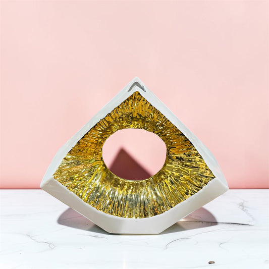 Modern Geometric Ceramic Vase with Textured Gold Accent 9.5 Inch