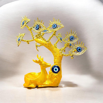 Golden Deer Resin Evil Eye Tree Showpiece 10.5 Inch