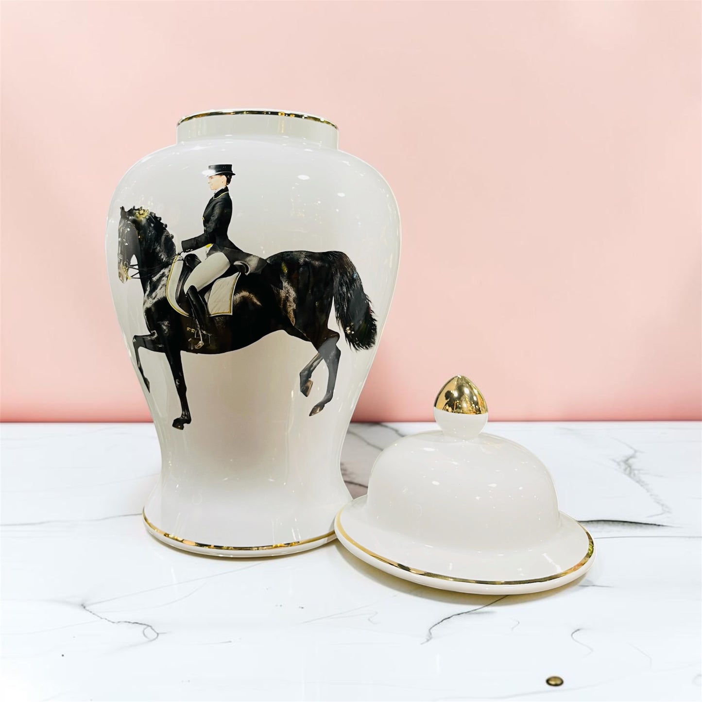Classic Equestrian Rider White Ceramic Temple Vase/Jar