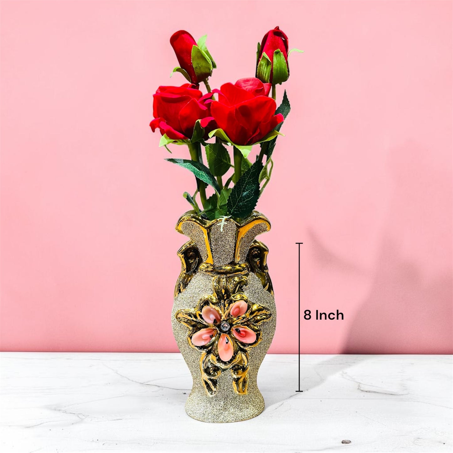 Resin Ornate Glitter Gold Vase with Artificial Rose Stem 8 Inch