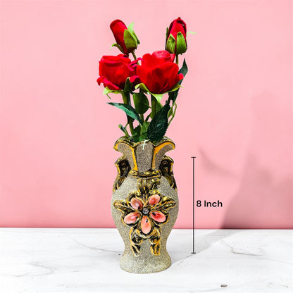 Resin Ornate Glitter Gold Vase with Artificial Rose Stem 8 Inch