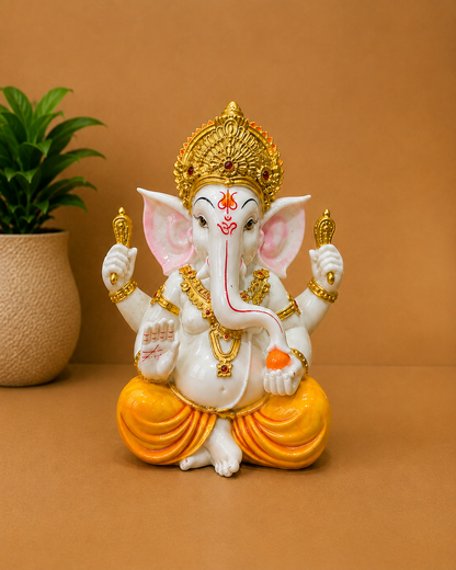 Premium White & Gold Lord Ganesha Ceramic Showpiece for Home Decor, Temple & Gifting