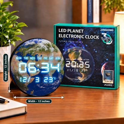 12-Inch Digital Earth LED Clock with Date, Day & Temperature Display – Wall & Table Clock