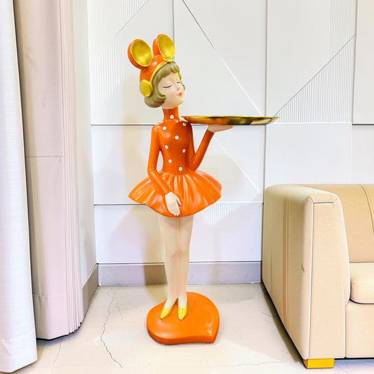 Modern Girl Resin Floor Statue with Serving Tray – Decorative Accent Side Table Figure for Living Room & Home Decor