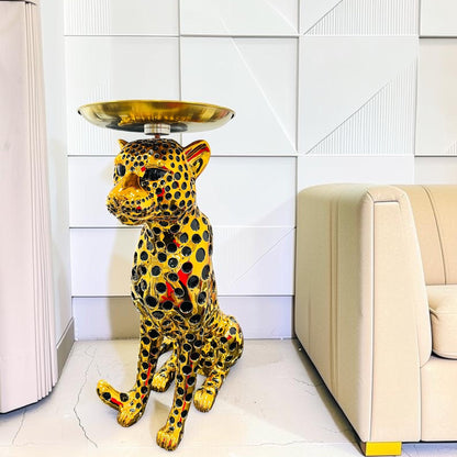 Metallic Gold Resin Leopard Statue with Tray Table – Luxury Cheetah Accent Floor Decor for Living Room