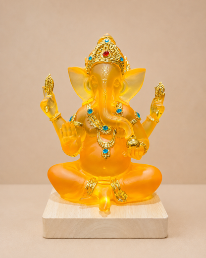 Luminous Amber Ganesha Resin Idol LED Lamp with Wooden Base, 8 Inches