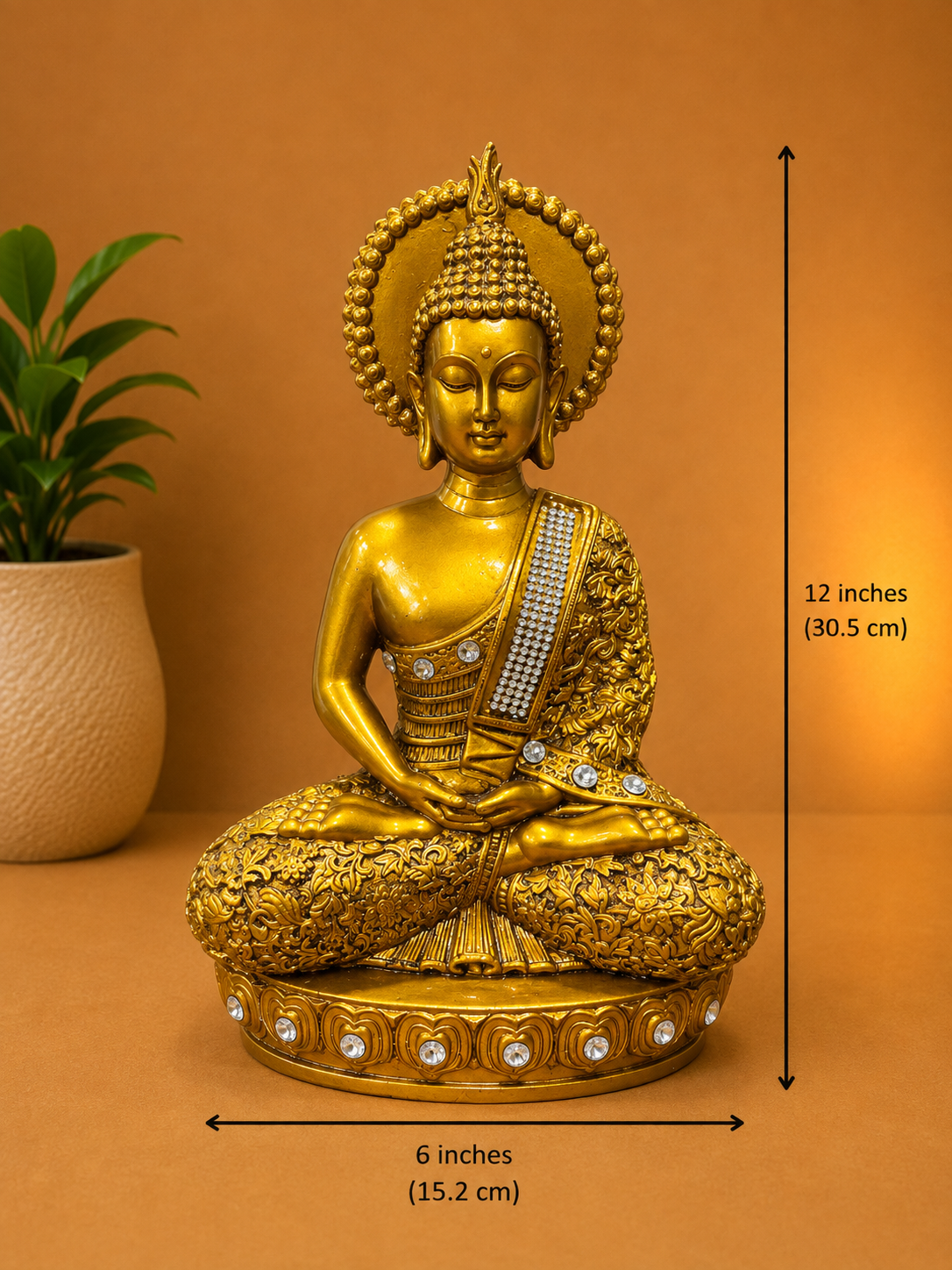 Antique Gold Meditating Buddha Statue – Decorative Buddha Idol with Red Gem Accents | Premium Home, Office & Meditation Décor