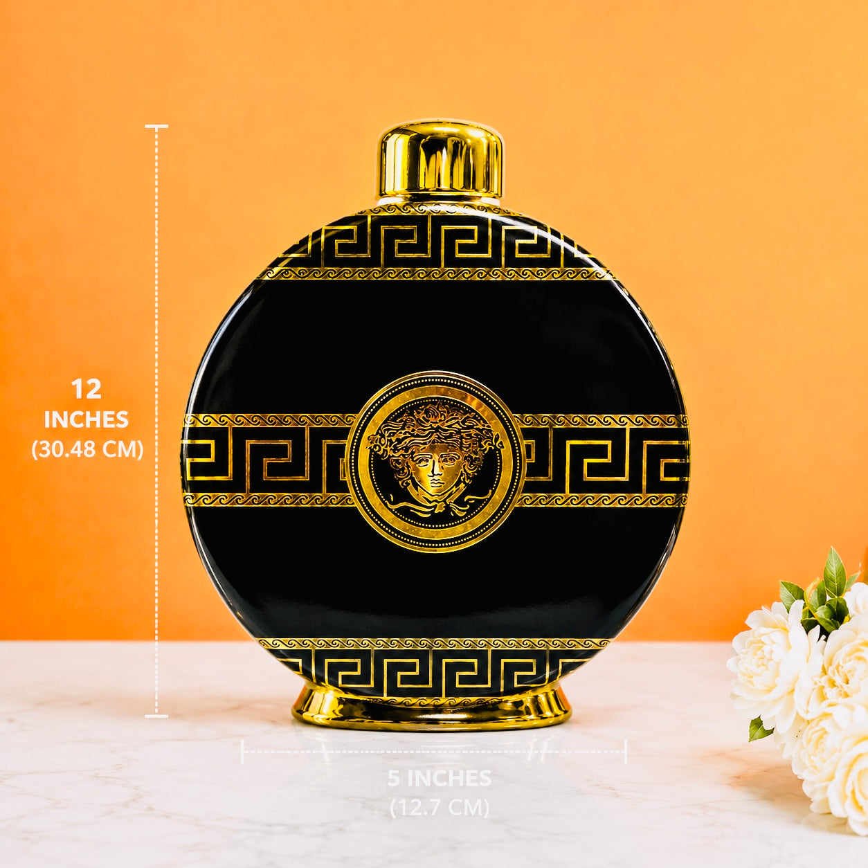 Luxury Black & Gold Ceramic Decorative Vase | Modern Round Flower Vase for Living Room, Office, Bedroom & Table Décor