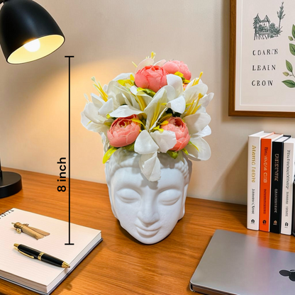 Artificial Flower Arrangement with Buddha Head Vase – White Lily & Pink Peony Decor