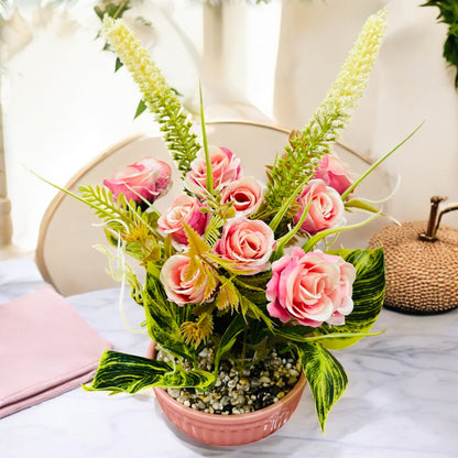 Artificial Rose Flower Plant with Ferns in Ceramic Pot with Pebbles