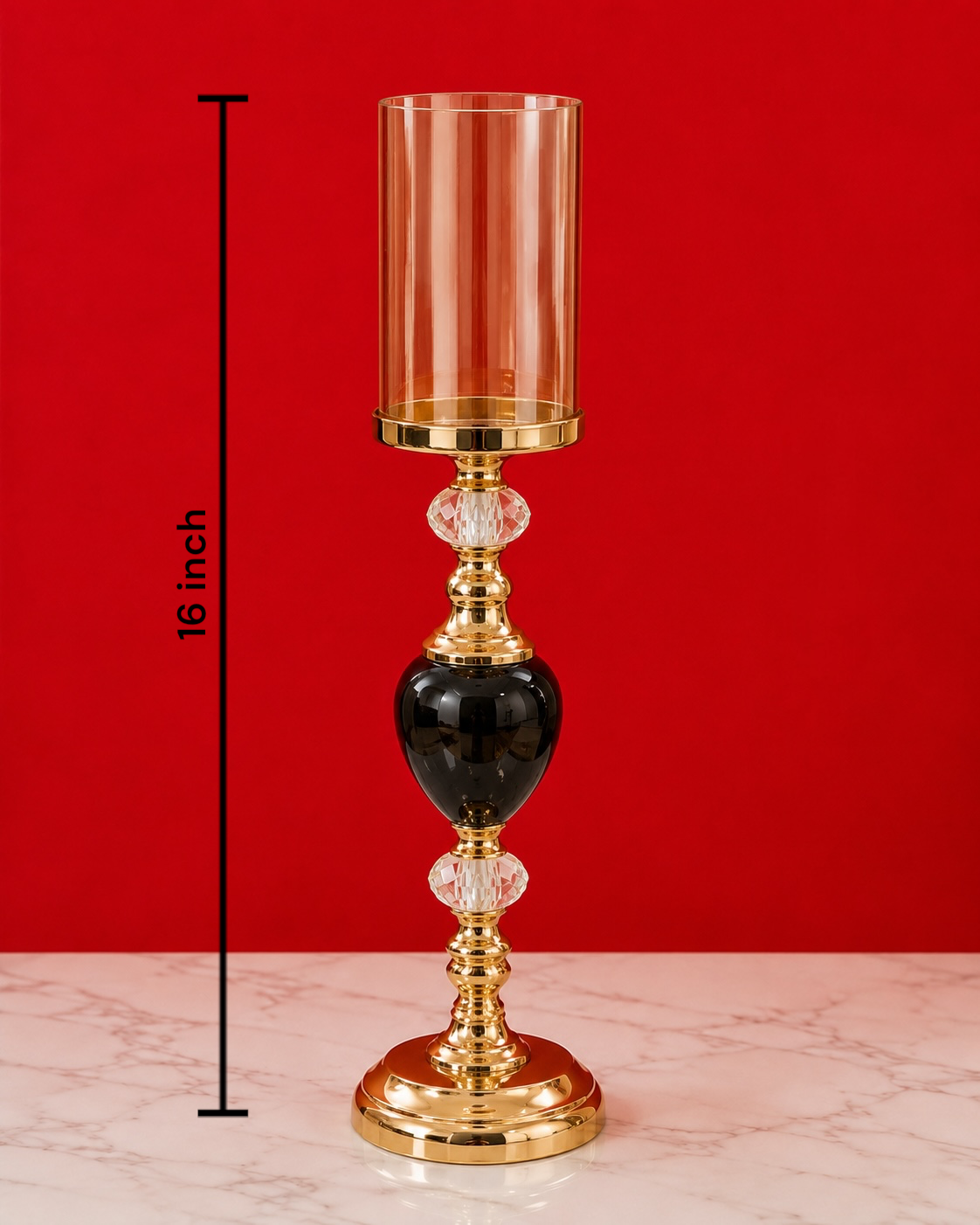Luxury Crystal Glass Hurricane Candle Stand – 16 Inch Gold & Black Metal Decorative Candle Holder for Living Room, Dining Table, Wedding & Home Decor